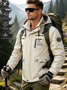 Men's Letter Print Hooded Utility Jacket, Casual Outdoor Long Sleeve Coat - Beige - View 2