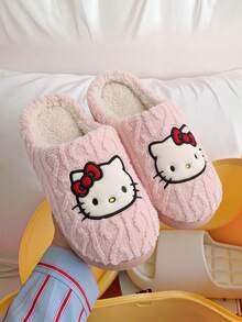 Sandal Musim Dingin Wanita SANRIO KT Cat Putih, Sandal Rumah Berbahan Plush dengan Pita Kartun dan Sol Datar - Berwarna merah muda - View 4
