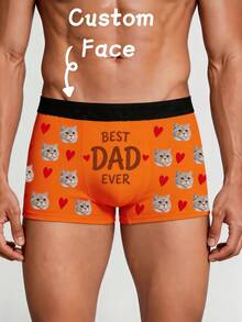 قطعة واحدة من ملابس داخلية رجالية بيضاء مطبوعة بوجه حيوان أليف مخصص وعبارة "Best Dad Ever"، ملابس داخلية ناعمة مخصصة كهدية لعيد الأب - لون برتقالي - مشاهدة 1