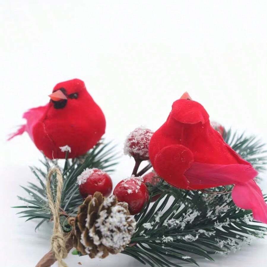 1件裝逼真聖誕紅紅雀鳥夾式枝條裝飾,泡沫鳥聖誕樹花環飾品,亮色羽毛花環中心裝飾手工藝品 - 查看 1
