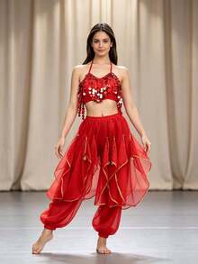 Crop Top Halter Berkilau dengan Payet Bulat dan Celana Harem Jala Berlapisan Emas untuk Latihan Tari Perut & Pemotretan Video (Tersedia dalam Berbagai Warna) - MultiWarna - View 10