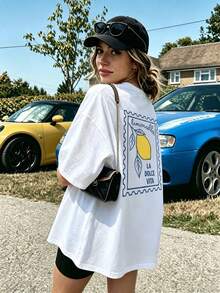 Plus Size Women's Summer Italian Style Lemon Print T-Shirt, Minimalist Artistic Style Casual White - White - View 9
