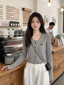 Contrast Color Ruffle Trim Short Knit Cardigan Sweater For Women, Spring - Grey - View 2