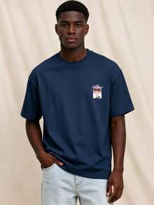 Men's Minimalist Gradient Coconut Tree Graphic Print Crew Neck Short Sleeve Summer T-Shirt - Navy Blue - View 2