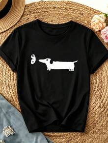 Black T-Shirt With Dachshund Print, Autumn, High Quality Cotton, Crew Neck, Comfortable Fit, Casual - Black - View 2
