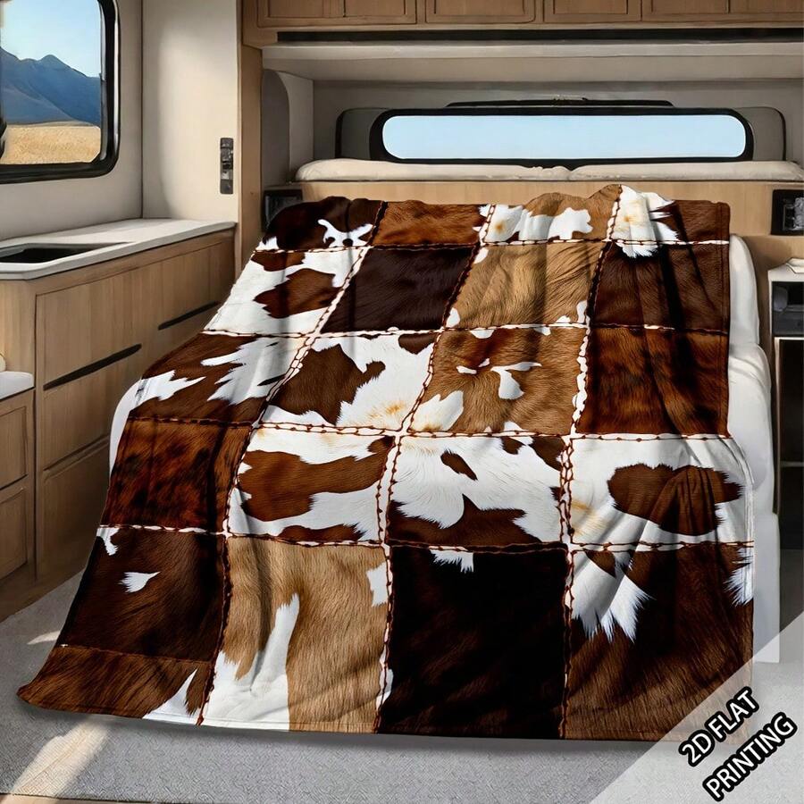 1 st flanellfilt i konstläder med patchwork, rutig design med imiterat koskinn, västerländsk ranchstil, mysig helårsfilt för soffa och sovrum, rustik heminredning - Multifärgad - Visa 1