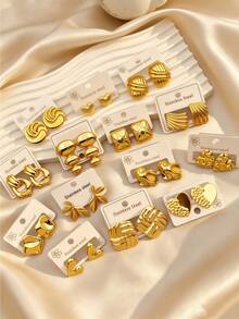 4/8/16/20pcs French Retro Heart Geometric Floral Gold Stainless Steel Earrings - Multicolor - View 4