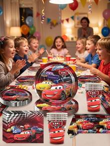 Red Racing Car Cartoon Theme Disposable Party Tableware Set, Birthday Paper Plates, Cups, Napkins, Straws, Full Set Party Decoration Supplies - Multicolor - View 9