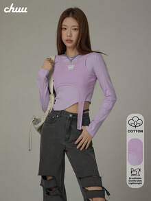 CHUU Camiseta de tela de punto de unicolor 2 en 1/deconstruida, top de patchwork estilizado para citas, deportes, uso diario en otoño/invierno - Púrpura malva - Ver 1