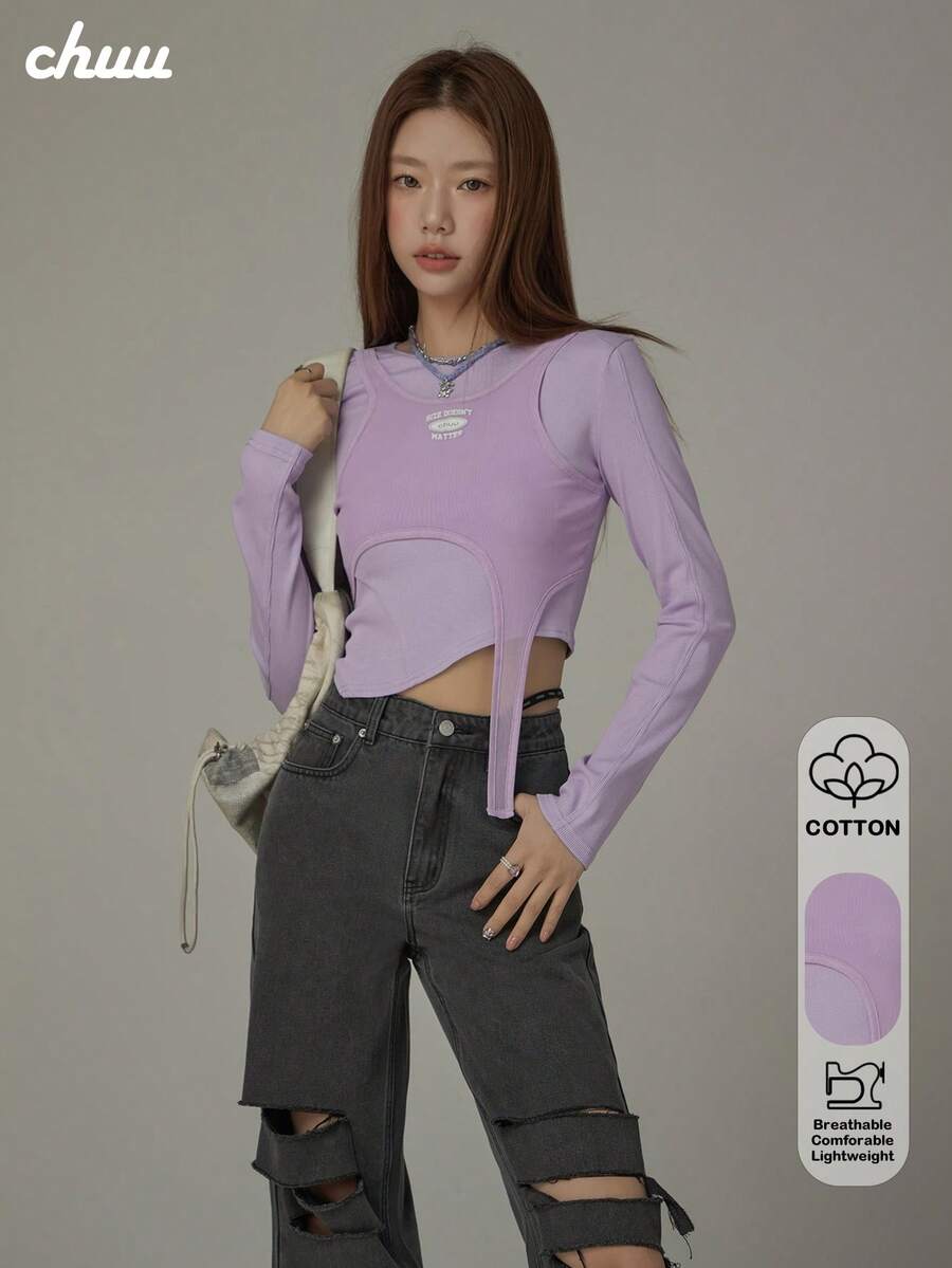 CHUU Camiseta de tela de punto de unicolor 2 en 1/deconstruida, top de patchwork estilizado para citas, deportes, uso diario en otoño/invierno - Púrpura malva - Ver 1
