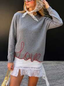 Sweater Leher Bulat Bordir Huruf Musim Gugur/Dingin Wanita Terbaru, Pakaian Kasual Serbaguna untuk Sehari-hari di Musim Gugur - Grey - View 3