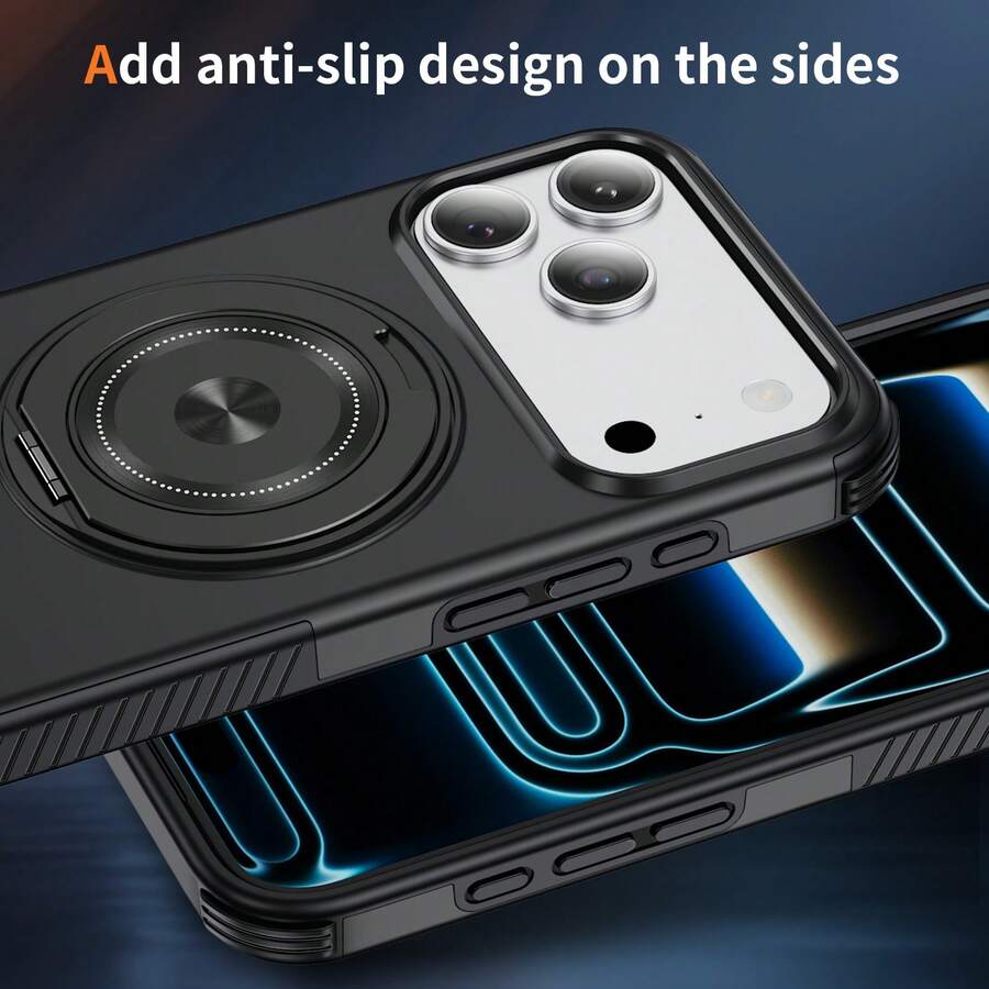 High-End Fashion 4-Corner Anti-Drop Phone Protective Case, 4-Corner Anti-Drop, Side Anti-Slip Design, Integrated Buttons, N52 Strong Magnetic Support For Wireless Charging, 360° Rotating Kickstand, Kickstand Supports Horizontal And Vertical Positions, Compatible With Apple 11/12/13/14/15/16 Pro Max, S22/23/24+ U A05/A14/A15/A24/A25/A34/A54, Note 13 Pro And Other Models, Complete Phone Case Set - Black/Rotating Stand - View 1