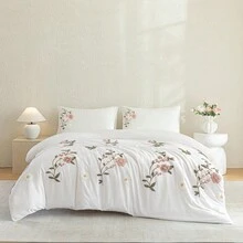 3件組向日葵刺繡白色床上用品套組（1件被套 + 2件枕套，不含芯），高級120G水洗布料，柔軟親膚透氣，適合四季使用，可機洗，單人/雙人/Queen/King尺寸 - 粉色 - 查看 1