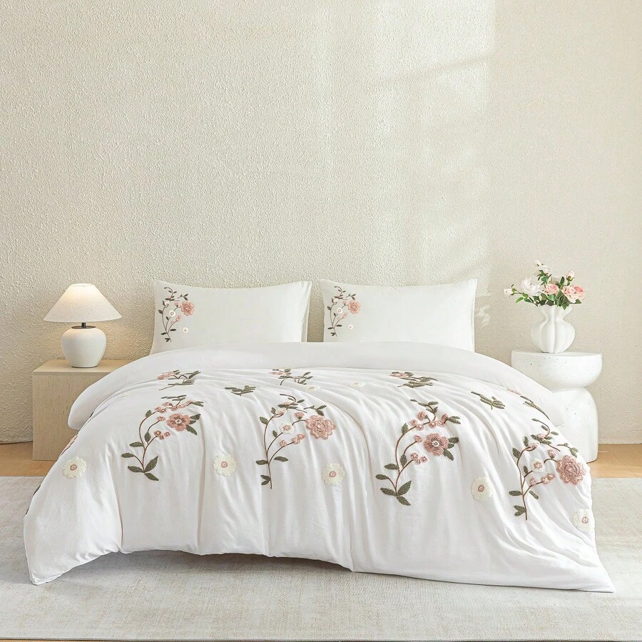 3件組向日葵刺繡白色床上用品套組（1件被套 + 2件枕套，不含芯），高級120G水洗布料，柔軟親膚透氣，適合四季使用，可機洗，單人/雙人/Queen/King尺寸 - 粉色 - 查看 1