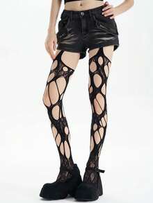 1 Pair Women's Spring/Summer Thin Sexy Hollow Out Fishnet Pantyhose, Versatile Party Tights - Black - View 3