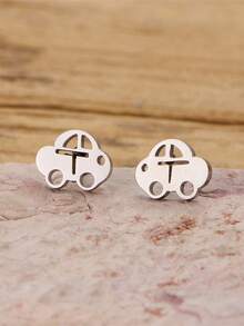 1 Pair Golden Stainless Steel Cartoon Car Stud Earrings, Dainty Cute Tiny Auto Vehicle Ear Jewelry For Women Daily Outfit - GED893 - View 7