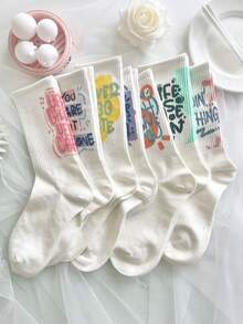 5 Pairs Of Random Ladies' White Letter Printed Stockings, Rib Socks And Soft Street Casual Socks, Suitable For Daily Exercise. - Multicolor - View 2
