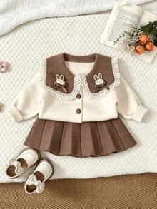 WUHUANG YIYI 2pcs Girls Cute Rabbit Bow Handmade Decor Peter Pan Collar Lace Trim Long Sleeve Knit Cardigan And Solid Color Pleated Hem Skirt Set, Loose Fit Versatile Preppy Style For Autumn/Winter - Coffee Brown - View 2