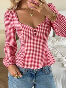 Women's Red & White Plaid, Heart Neckline, Button Front Cutout, Ruched Waist, Backless Tie, Slim Fit A-Line, Ruffle Hem, Puff Long Sleeve Blouse, Casual Sweet Vintage Style, Suitable For Dating, Daily Outings, Vacation, Work, Commuting, Back To School, Autumn/Winter - Red - View 3