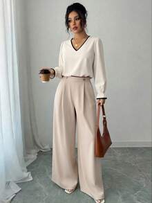abyoxi V Neck Contrast Black Trim Blouse Women Elegant Puff Long Sleeve Flare Cuff Satin Shirt Casual Office Daily Wear Chic Loose Fit Tops - Apricot - View 1