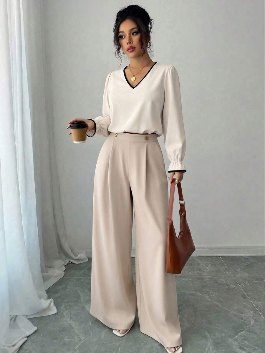 abyoxi V Neck Contrast Black Trim Blouse Women Elegant Puff Long Sleeve Flare Cuff Satin Shirt Casual Office Daily Wear Chic Loose Fit Tops - Apricot - View 1