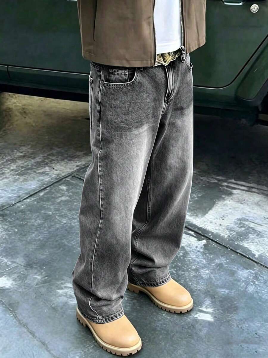 男士寬鬆街頭風純棉牛仔褲,口袋設計,長款水洗滑板工裝風,藍色丹寧,Y2K風格,Best Friends系列 - 深灰色 - 查看 1