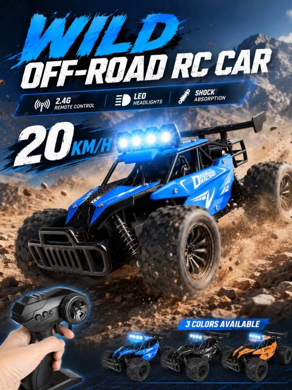 1:16 Scale High Speed Off-Road Drift RC Car, 2.4G Remote Control, Drift Mode, Max Speed 20km/H, Suitable For Various Terrains, With Bumper And LED Lights, Rubber Off-Road Tires, Great For Christmas, Halloween, Children's Day Gifts, Boys Toy Car