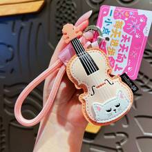 Cute Cartoon Black Cat Guitar Keyboard Keychain, Pu Leather Music Instrument Bag Charm,  Rock Style Backpack Pendant Key Accessories For Music Lovers - Leather Cat Musical Instrument Pendant - Violin - View 2
