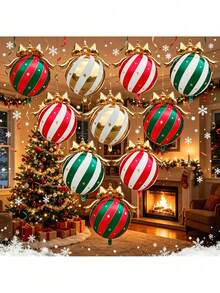 4pcs 80cm Christmas Bow Colorful Hanging Ball Set, Classic Red And Green Striped Design Full Of Holiday Atmosphere, Suitable For New Year, Christmas, Birthday Home Decor, Yard Decoration, Party Photo Props - View 2