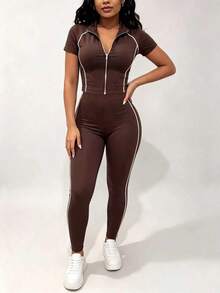 Spring/Autumn Women's New Round Neck Short Sleeve T-Shirt And Casual Daily Elastic Waist Loose Long Pants 2 Pieces Set, Lightweight Outfit Suitable For Daily Commute And Other Occasions - Dark Brown - View 6