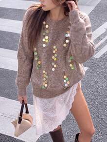 Women's Plush V-Neck Sequin Sweater Long Sleeve Comfortable Holiday Party Pullover Fall - Camel - View 2