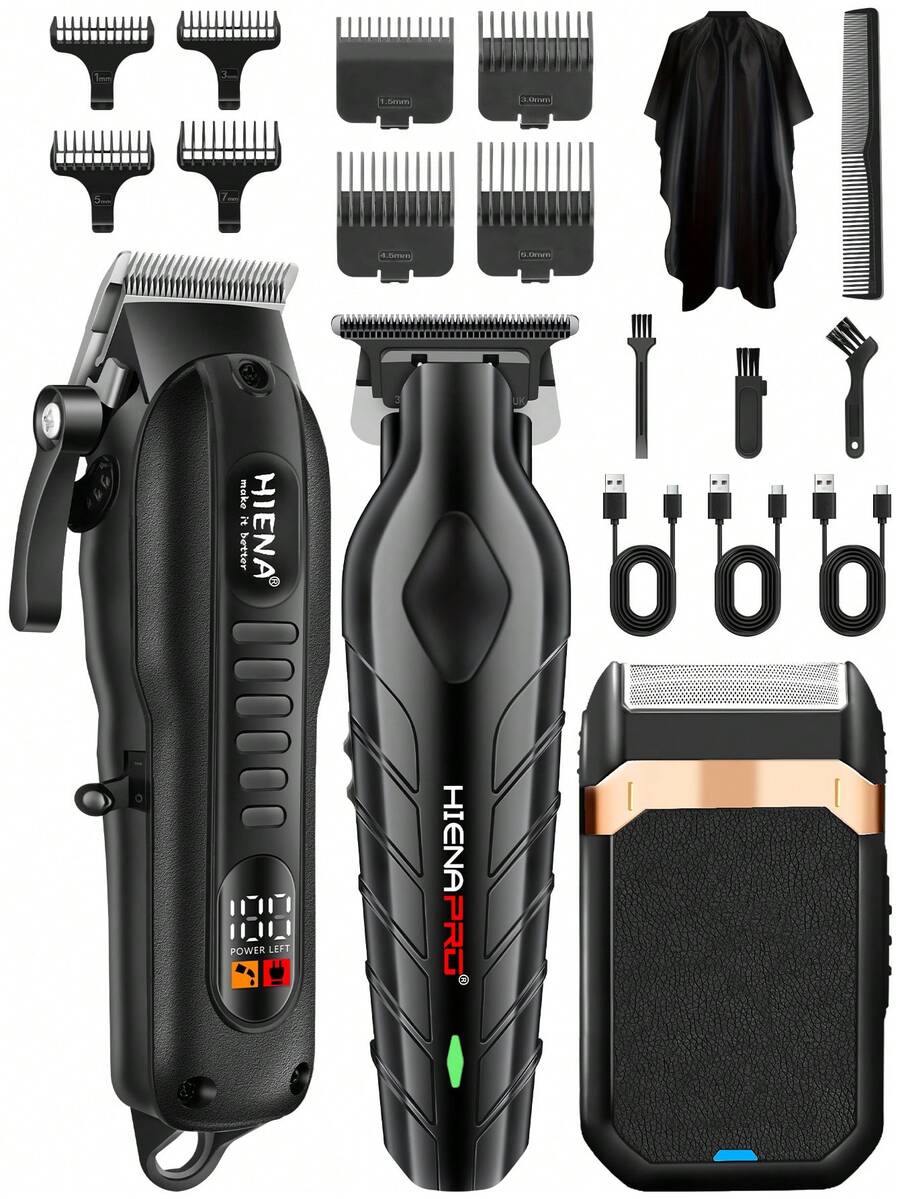HIENA 男士無線迷你理髮器與刮鬍機，1/2/3件可選，USB-C充電式附LED顯示螢幕，鋰電池理髮修剪器，家用理髮工具，適合初學者理髮師，佳節送禮首選
