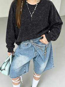 Vintage Acid Wash Girls' Sweatshirt, Solid Color Loose Street Style Crew Neck Autumn/Winter Campus Top - Black - View 1