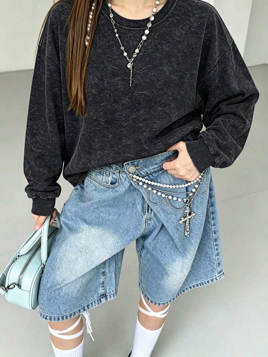 Vintage Acid Wash Girls' Sweatshirt, Solid Color Loose Street Style Crew Neck Autumn/Winter Campus Top - Black - View 1