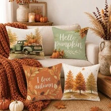 Autumn Forest Truck Pumpkin Cushion Cover 4-Piece Set, Single-Sided Printed Peach Skin Velvet Polyester Material, 45*45CM Pillow Covers For Modern Fabric Sofa Indoor Decor, Party Decoration, Gift Giving - Multicolor - View 2