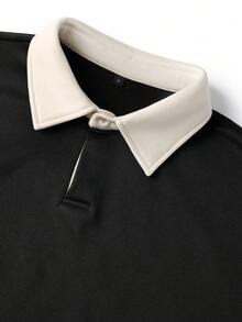 Camvyn Men's Autumn/Winter Casual Fashion Versatile Patchwork Loose Drop Shoulder Polo Collar Sweatshirt - Black - View 3
