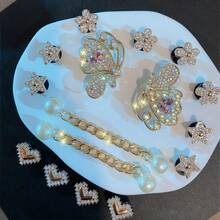 16pcs Detachable Pearl Chain, Rhinestone Colorful Butterfly, Star, Heart, Sunflower Shoe Decoration Set, Shoe Charms, Suitable For Clogs, Sandals, Slippers, Beach Bags, Multi-Functional Shoe Clip Accessories, Perfect Party Gift Birthday Gift - Gold - View 2