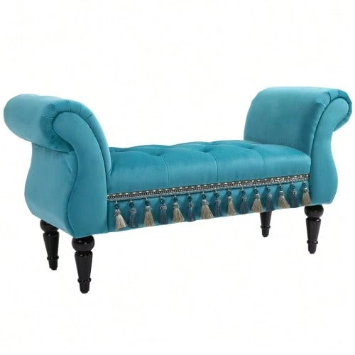 Luxury Upholstered Bench, Polyester And Rubber Foam Ottoman - Blue - View 1