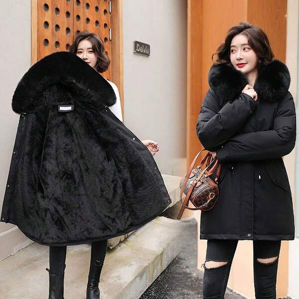 Scacto Women's Winter Puffer Coat, Mid Length Hooded Jacket With Faux Fur Collar, Warm Quilted Outerwear, Casual Thick Parka Coat For Cold Weather