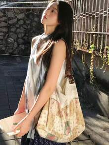 開學季大容量蕾絲肩背托特包，多功能時尚復古校園包，可折疊，適合大學生通勤與外出使用 - 彩色 - 查看 3