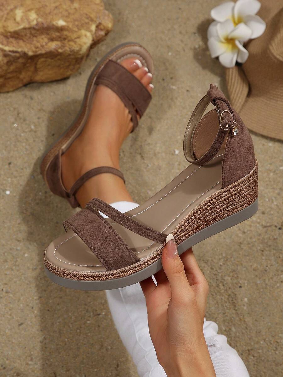 Beach Buckle Lightweight Bag Heel Fashion Women's Sandals, Rhinestone Pendant Wedge Heel Thick Sole Height-Increasing Sandals - Brown - View 1