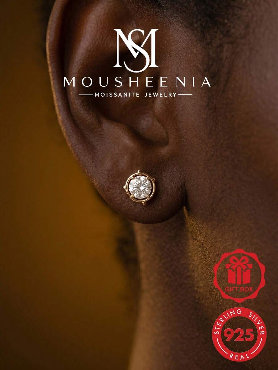 MOUSHEENIA Luxury 1ct Round Moissanite Stud Earrings 925 Sterling Silver Gold Plated Bezel Set Classic Anniversary Jewelry Gift For Women - Round - View 1