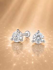 AnlaScheer 1件 0.03-0.5ct 莫桑石 925純銀光環平背軟骨耳釘耳環，女款訂婚婚禮新娘珠寶 - 銀色 - 查看 4
