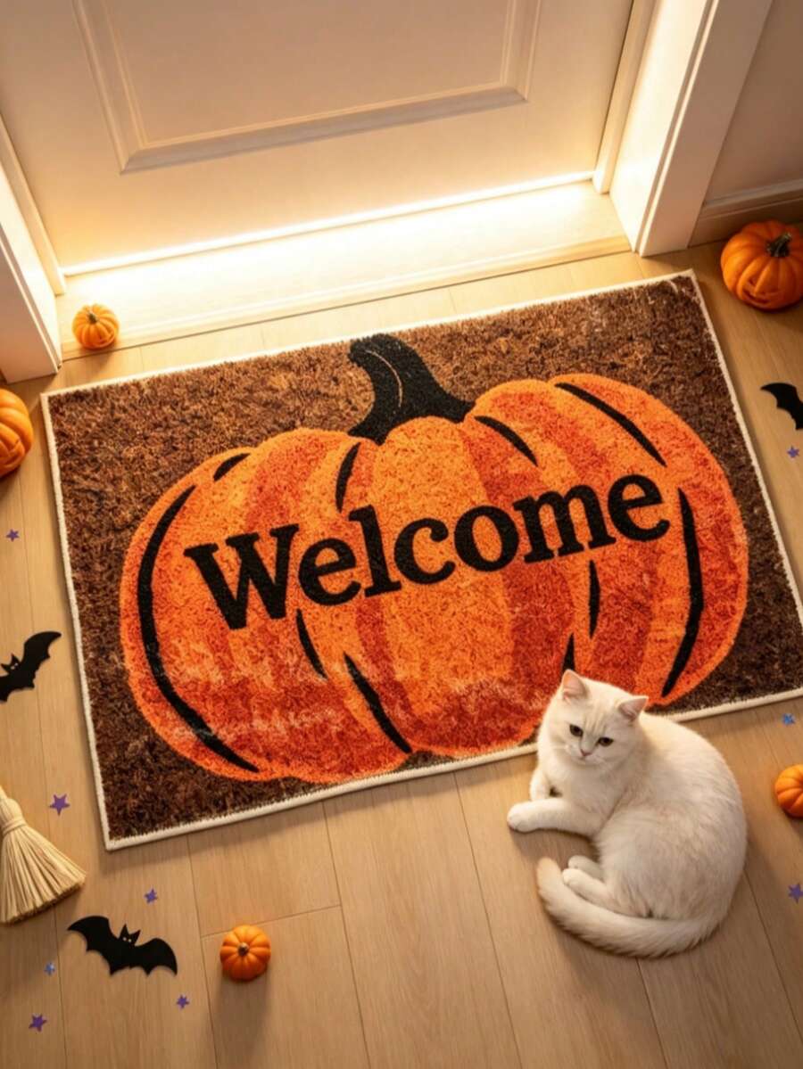 1 pieza Felpudo de Bienvenida de Calabaza de Halloween, Alfombra Pequeña, Manta Casual, Alfombra de Lado de la Cama, Alfombra de Baño, Decoración de Dormitorio, Lavable - Multicolor - Ver 1