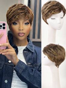 Wig Pendek Sintetis Hitam untuk Wanita, Potongan Pixie dengan Poni, Warna Hitam Alami, Lurus, Tebal, Buatan Mesin, Pendek Berlapis untuk Penggunaan Sehari-hari - MultiWarna - View 1