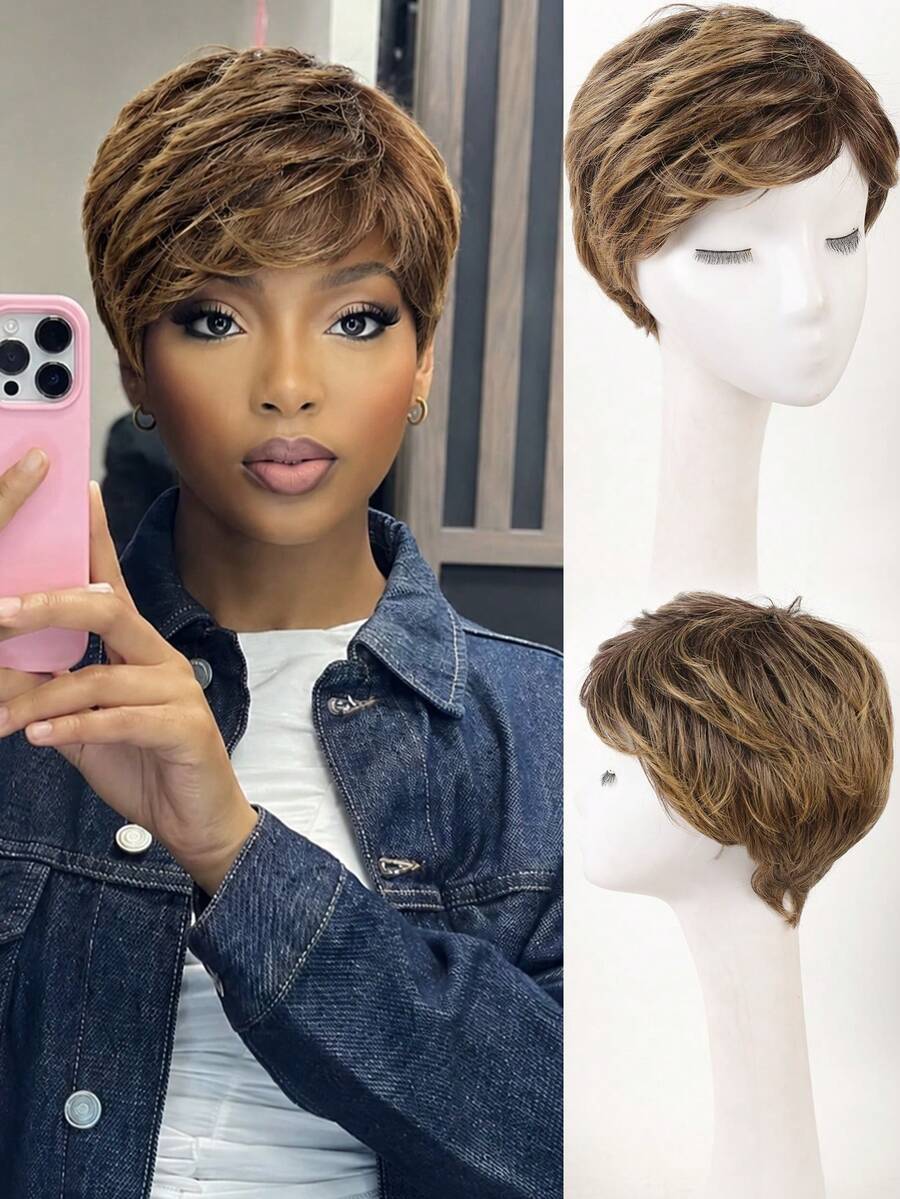 Wig Pendek Sintetis Hitam untuk Wanita, Potongan Pixie dengan Poni, Warna Hitam Alami, Lurus, Tebal, Buatan Mesin, Pendek Berlapis untuk Penggunaan Sehari-hari - MultiWarna - View 1