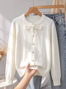 GIGOGOU 大尺碼 1XL-5XL 女款針織開襟毛衣，休閒長袖上衣，白色秋季服飾 - 白色 - 查看 2