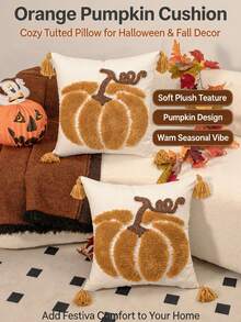 1pc Halloween Brown Pumpkin Pattern Square Pillow Case, Bohemian Chenille With Tufted Craft, Four-Corner Tassel Decoration, Country Pastoral Style, Suitable For Autumn Living Room, Bedroom, Sofa, Windowsill, Leisure Gathering, Etc., No Filling Included, 45*45cm - Multicolor - View 11