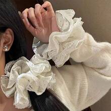 1pc Satin Polka Dot Double Layer Lace Trim Hair Scrunchie, Elegant Bun Hair Tie - Multicolor - View 3