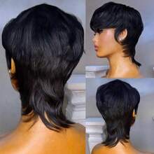 Peruvian Remy 真人髮分層式穆爾特假髮，適合各種女性，8 英吋短款 Pixie Bob 假髮，附瀏海，613# 金色/1B# 色，無蕾絲前緣，短層次波浪 Pixie 剪裁，全機製假髮，適合派對與日常配戴 - Natural Black - 查看 11